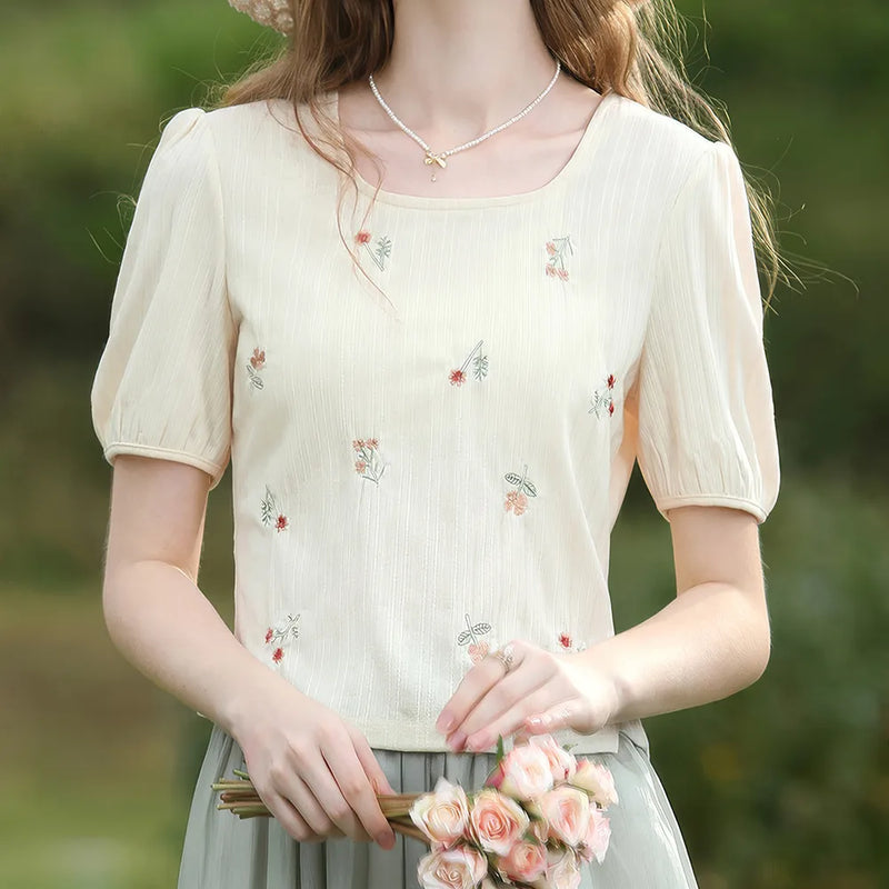 square neck embroidery puff t-shirt, view 5 - MRSLM