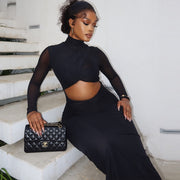 mesh stitching long sleeve dress, view 4 - MRSLM