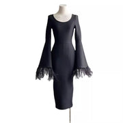 flared sleeve black dress, view 5 - MRSLM