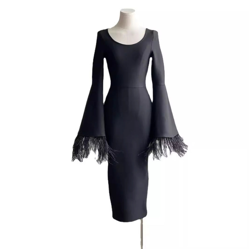 flared sleeve black dress, view 5 - MRSLM