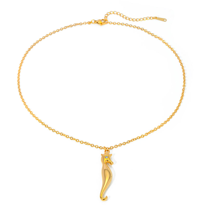 gold seahorse rhinestone pendant necklace, view 2 - MRSLM