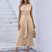 solid color waist tied dress for women, view 3 - MRSLM