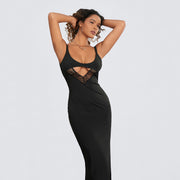 lace patchwork slim dress with thigh slit, view 6 - MRSLM