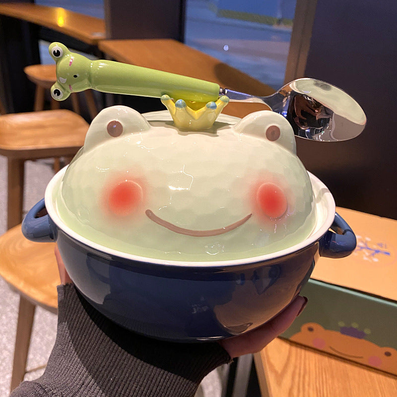 ceramic frog instant noodle bowl with lid, view 7 - MRSLM