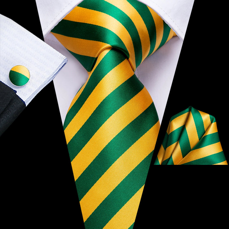 yellow and green striped silk necktie set for men, view 3 - MRSLM