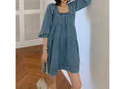 blue square collar denim dress, view 7 - MRSLM