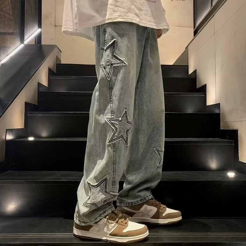 men's star embroidery wide-leg jeans, view 5 - MRSLM