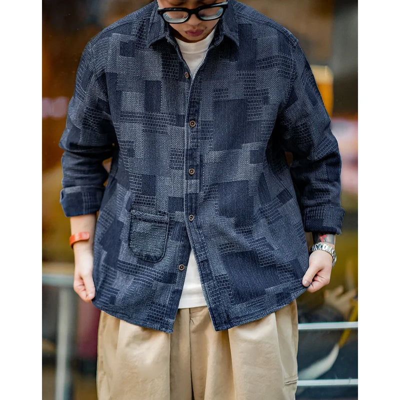 retro jacquard denim shirt for men, view 3 - MRSLM