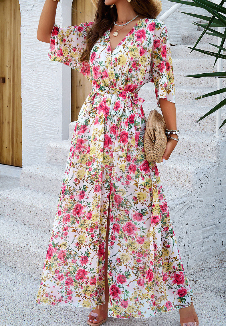 v-neck printed dress, view 16 - MRSLM
