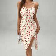Printed suspender split dress with lace-up waist, view 2 - MRSLM