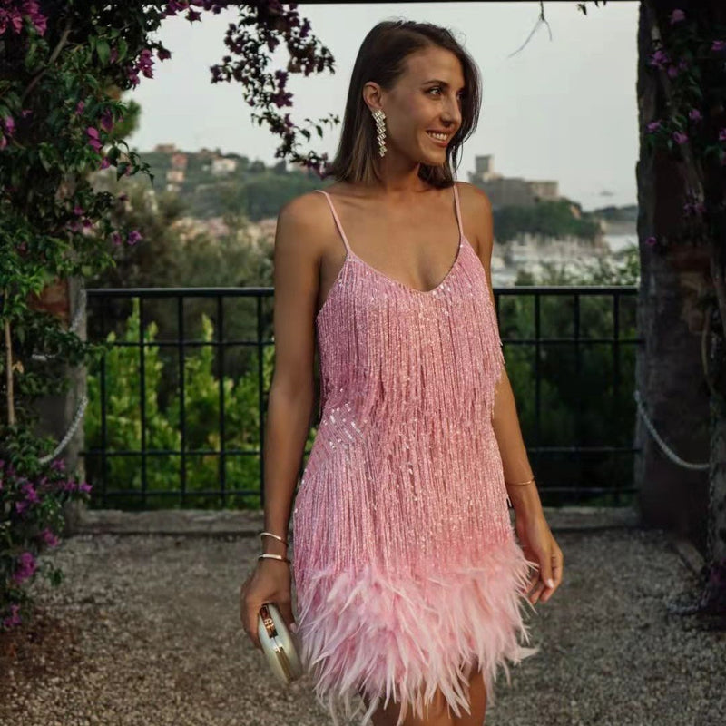 sequin tassel feather mini dress, view 7 - MRSLM