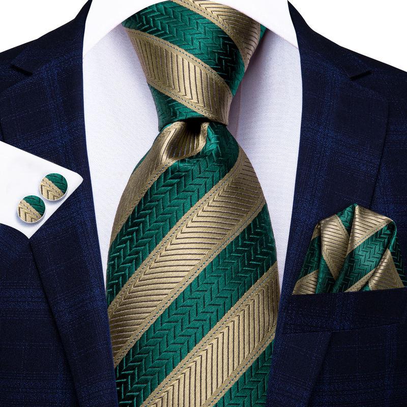 green striped silk necktie set for men, view 2 - MRSLM