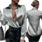 satin pleated long sleeve loose top, view 11 - MRSLM