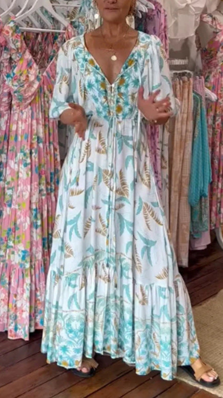 loose deep V puff sleeve long dress, view 7 - MRSLM