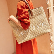 casual straw tote bag with letter decoration, view 6 - MRSLM