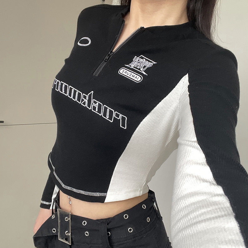 contrast patchwork embroidered letter long sleeve top, view 3 - MRSLM