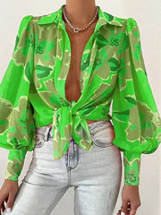 women's printed lantern sleeve summer shirt, view 7 - MRSLM