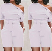 women's shoulder button one-piece shorts romper, view 5 - MRSLM