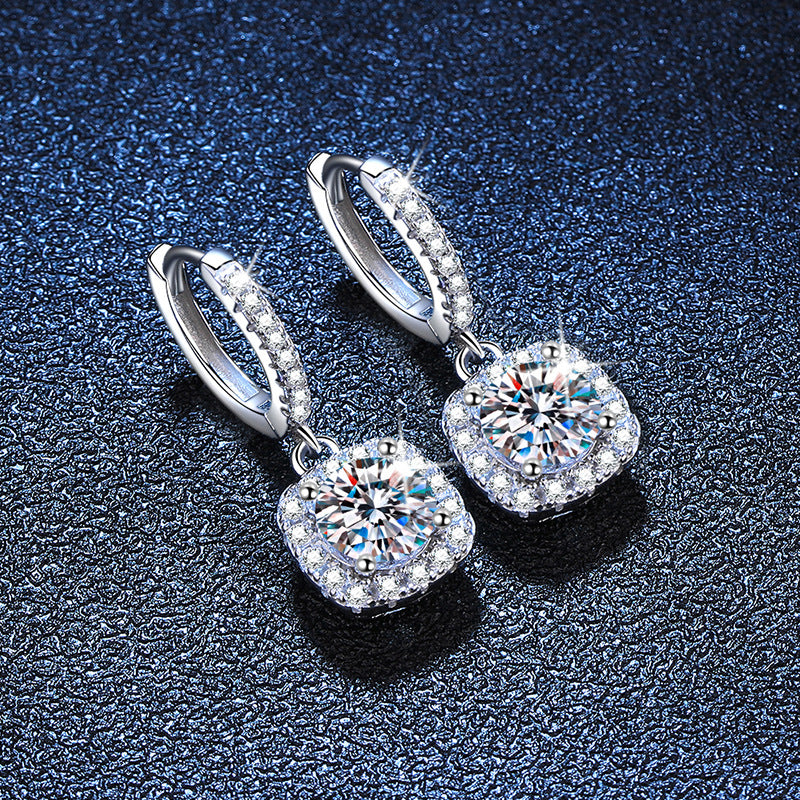 silver moissanite square stud earrings, view 3 - MRSLM