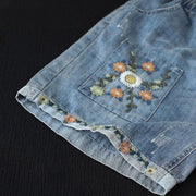 floral embroidery wide leg denim shorts, view 8 - MRSLM