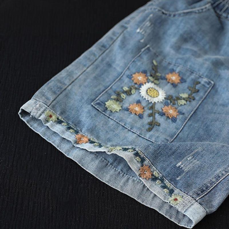 floral embroidery wide leg denim shorts, view 8 - MRSLM