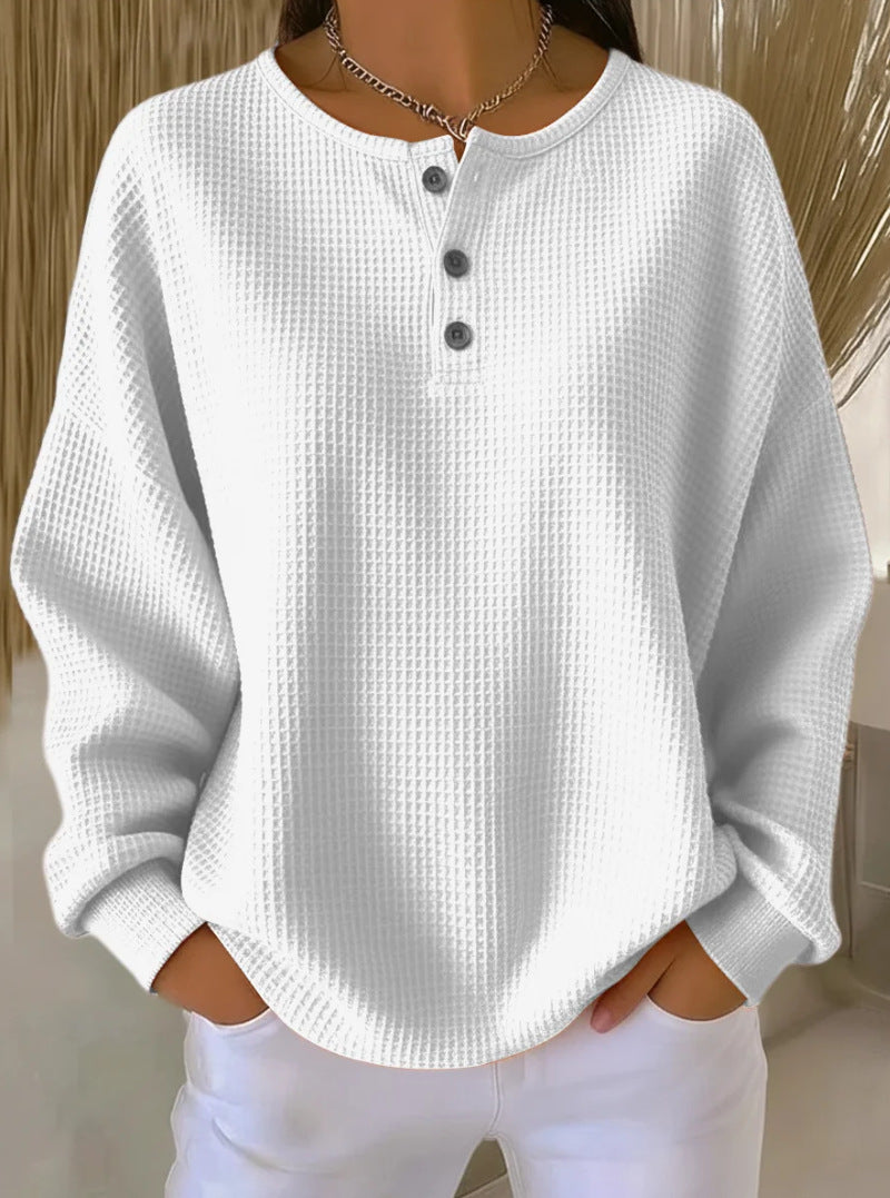 Waffle Long-sleeved T-shirt Fashion Solid Color Buttons Round Neck Pullover Top Women's Clothing
