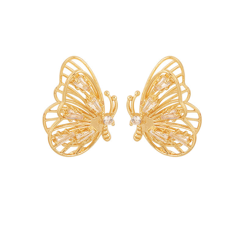 gold 3D butterfly earrings, view 2 - MRSLM