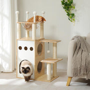 modern wooden cat tree tower with 2-floor condo - MRSLM