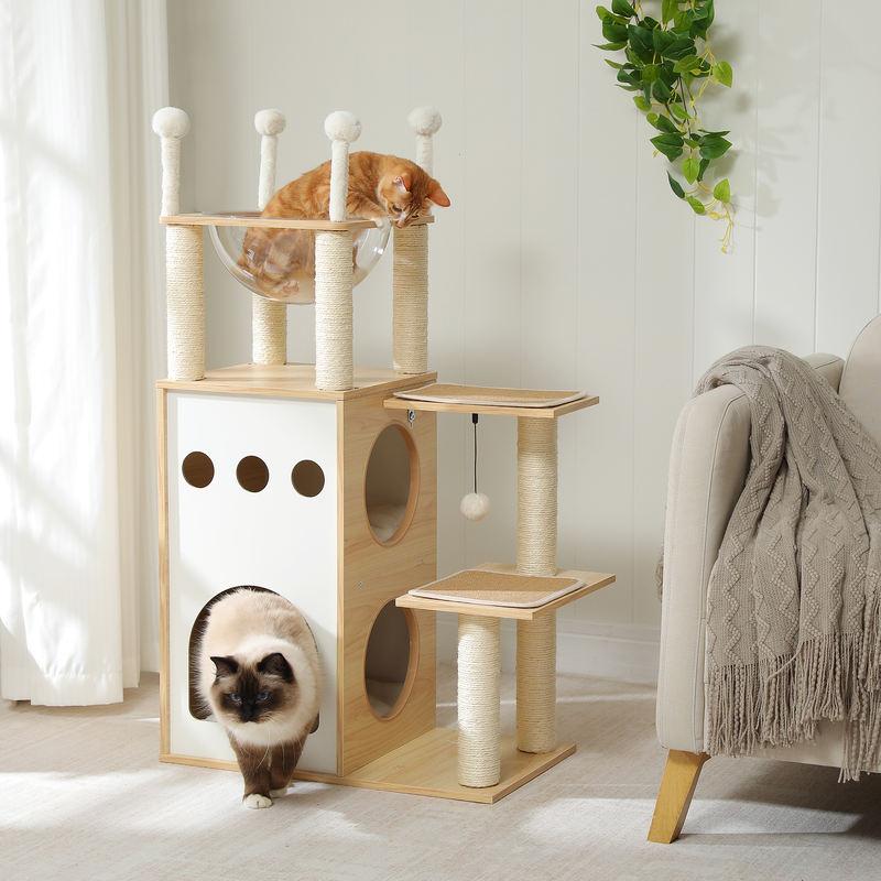 modern wooden cat tree tower with 2-floor condo - MRSLM