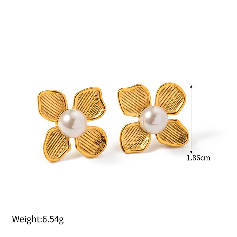 18k gold plated flower earrings with shell beads, view 2 - MRSLM