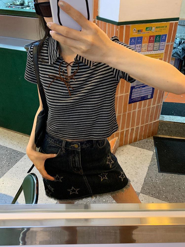 Star Embroidery American Vintage Denim Short Skirt Summer Women's High Waist Spice Girl Half Skirt Bag Hip Skirt