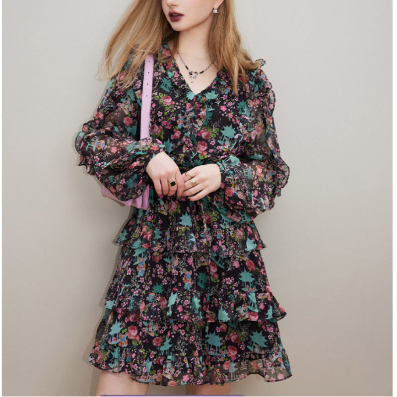 V-neck long sleeve floral dress - MRSLM