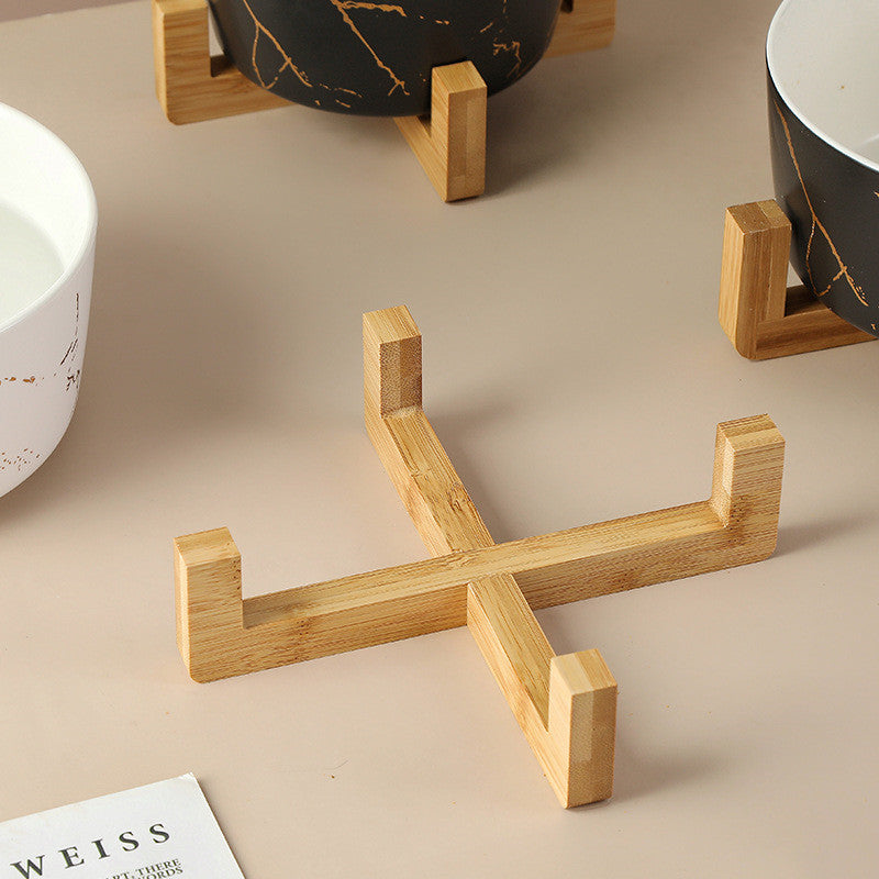 marble pet bowl with bamboo stand, view 9 - MRSLM