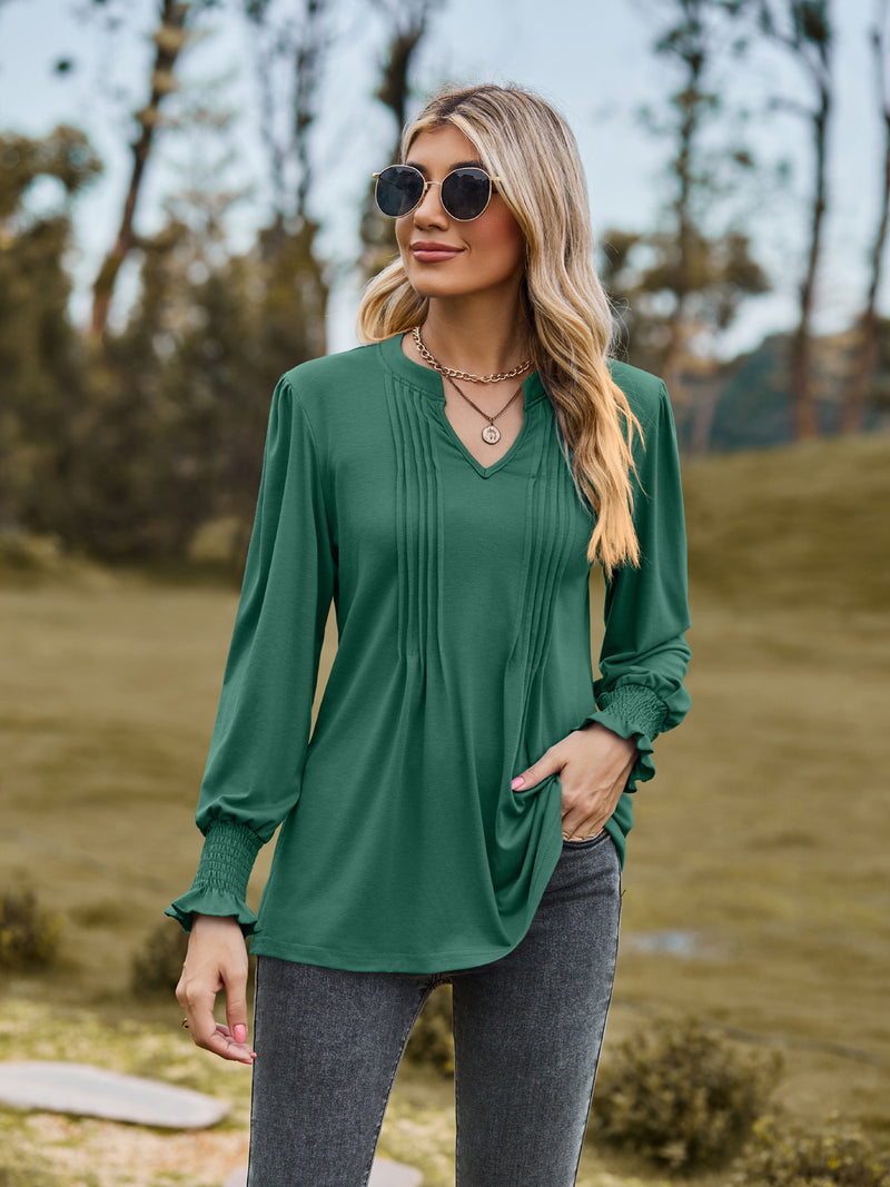 women's puff sleeve smocked v-neck top, view 7 - MRSLM