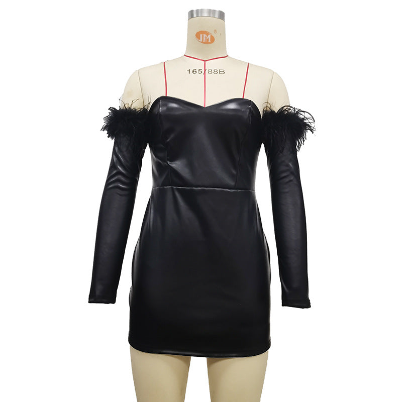 women's black long sleeve PU dress, view 4 - MRSLM