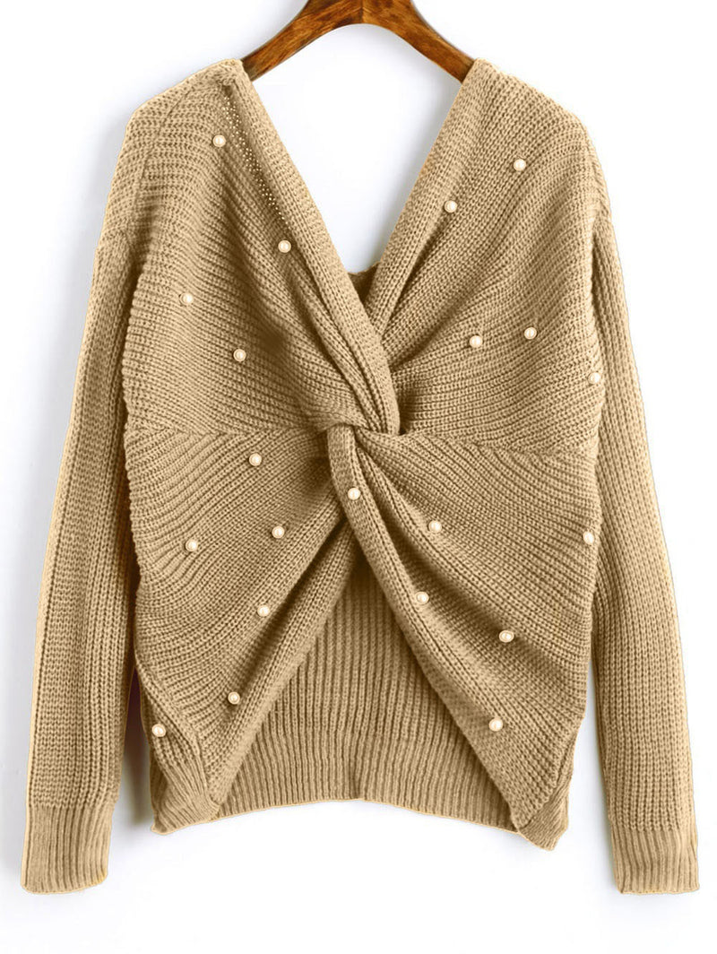 women's v-neck cross backless knit sweater, view 9 - MRSLM