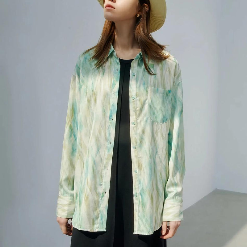 satin print long sleeve blouse, view 3 - MRSLM