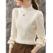 puff sleeve knit sweater with love brooch, view 2 - MRSLM
