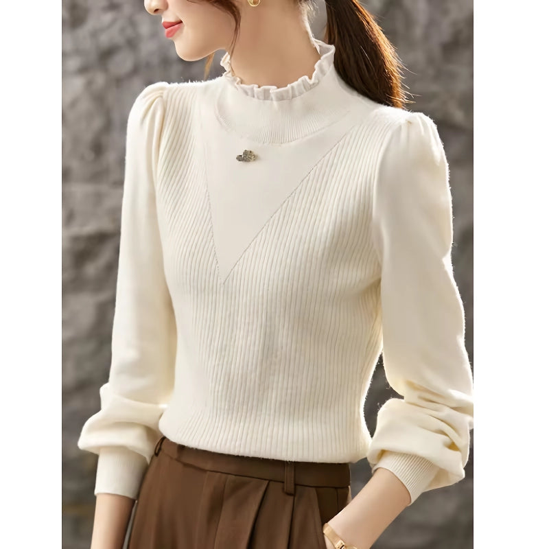 puff sleeve knit sweater with love brooch, view 2 - MRSLM