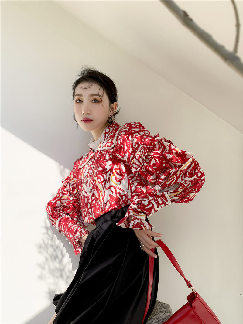 women's retro red floral print shirt, view 4 - MRSLM