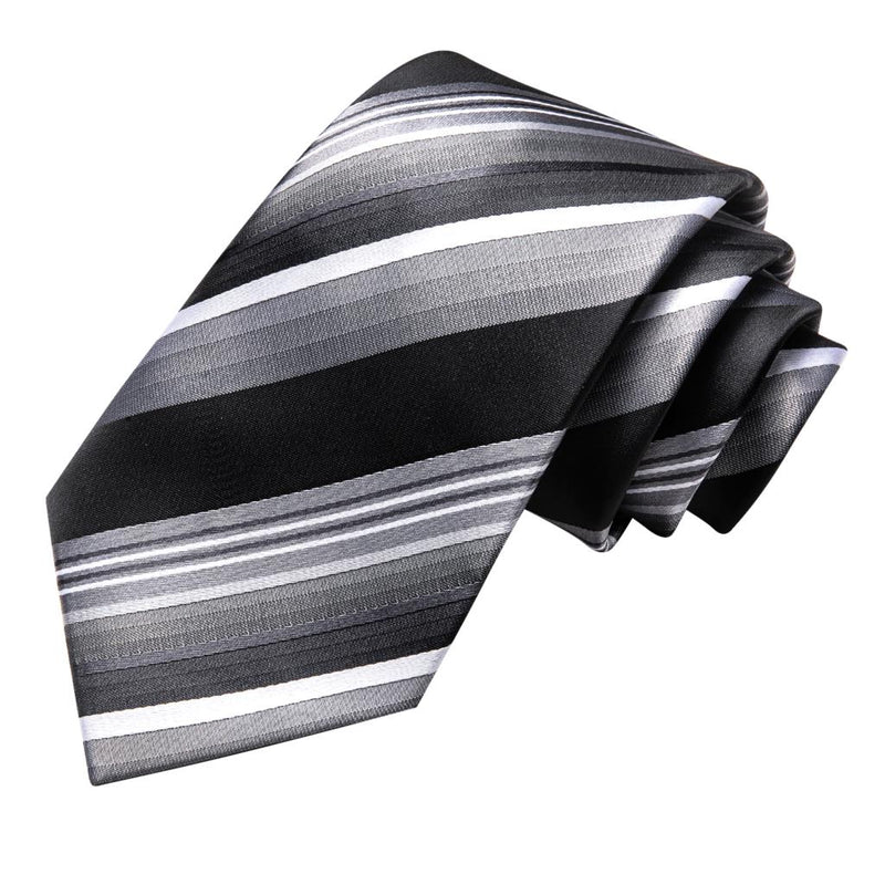Black grey striped silk necktie set, view 5 - MRSLM