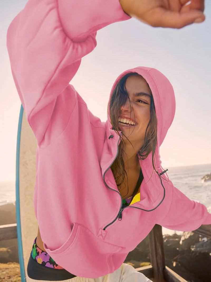 women's half-zip hoodie with pockets, view 30 - MRSLM