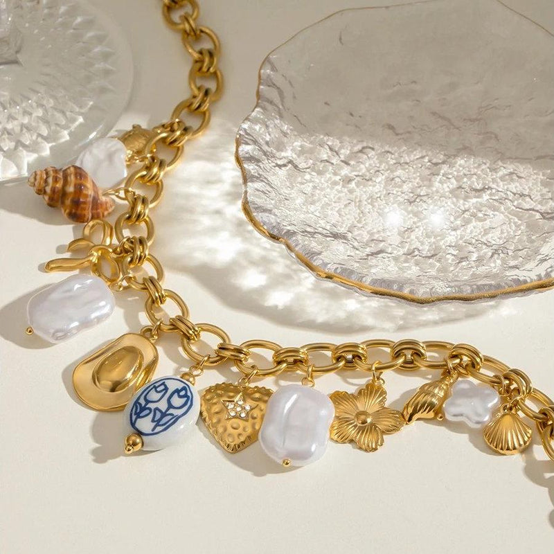 gold plated conch bowknot pearl necklace, view 5 - MRSLM