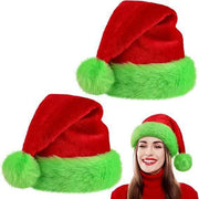 Plush velvet Santa hat with green trim, view 4 - MRSLM