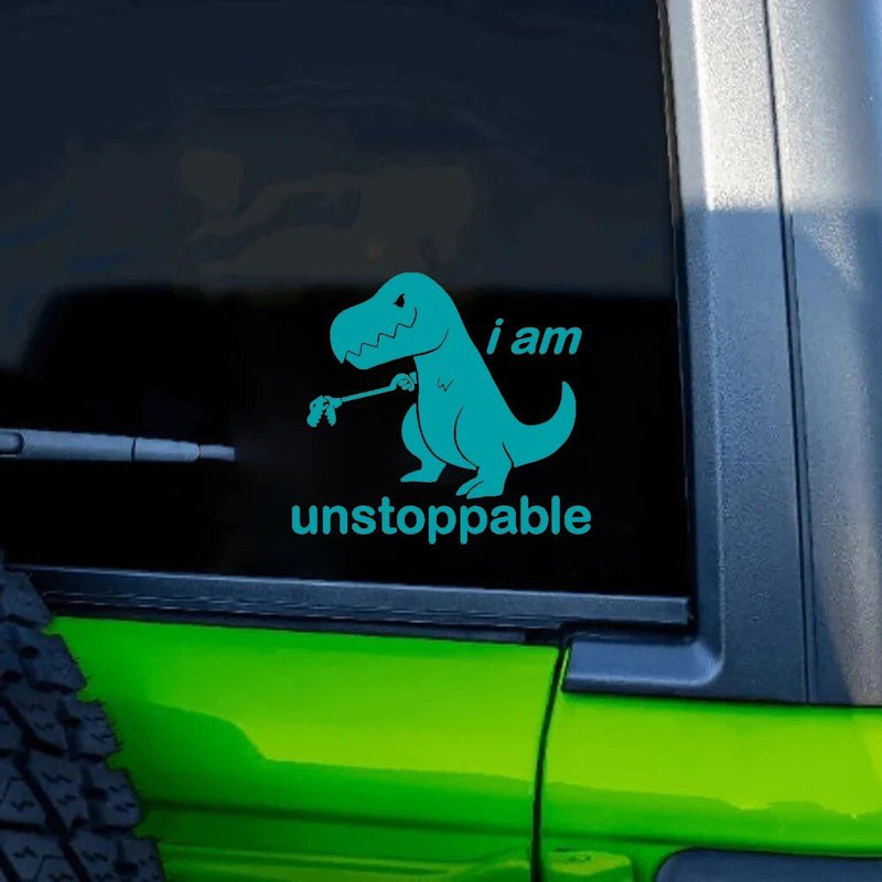 dinosaur I am Unstoppable car window decal, view 7 - MRSLM