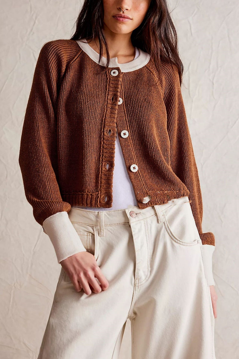 contrast color knit button coat for women, view 2 - MRSLM