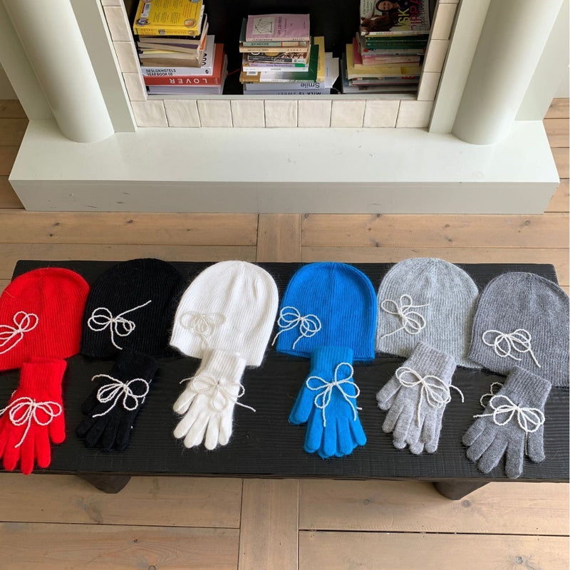Rabbit fur pearl bow gloves - MRSLM