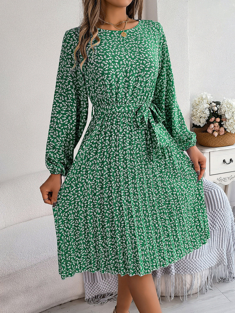 long-sleeved floral print pleated dress, view 6 - MRSLM