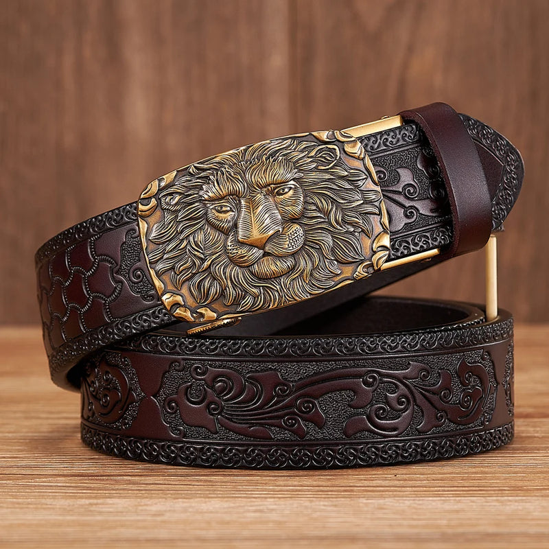 men's 3.5CM leather belt lion pattern buckle, view 9 - MRSLM