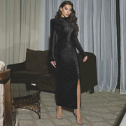 black round neck slit dress, view 2 - MRSLM